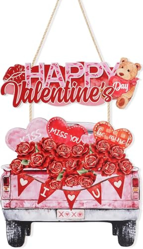 ANHUIB Valentines Day Door Decor Happy Valentine's Day Sign I Love You Wall Signs Valentine Wall Art Truck Heart Door Wooden Plaque for Front Door Party Wedding Engagement Anniversaries Girls Gift