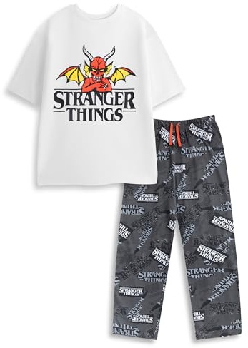 Stranger Things Mens White Logo Short Sleeve Long Leg Pyjama Set | Retro Nightwear for Sleeping & Lounging | Featuring Iconic TV Show Design Merch