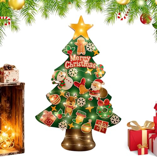 Albero di Natale in feltro, con ghirlanda di a LED da 3 metri per il libero creativo - Albero di Natale da appendere alla parete in feltro,per camera da di classe, scuola materna