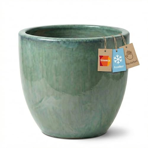Teramico Premium Pflanzkübel Keramik glasiert – 100% Frostfest & Handarbeit. Blumenkübel mit Loch für Außen & Innen. Hochwertiger Übertopf Unikat Winterfest (Grün, 38cm x 31cm)