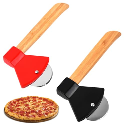 KUMSODE 2 st. pizzaskärare i rostfritt stål rolig pizzarulle manuell pizzakniv i yxform pizzaskärkniv med trähandtag pizzaskärare för att skära pizzavåfflor pannkakor