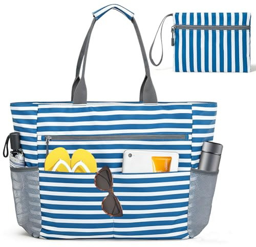 Fouvin Große Strandtasche mit Reißverschluss für Familie, Faltbare XXL Beach Tote Bag, Große Badetasche Damen, Wasserdichte Sandabweisend für Strand, Pool, Picknick & Reise (Blaue Streifen)
