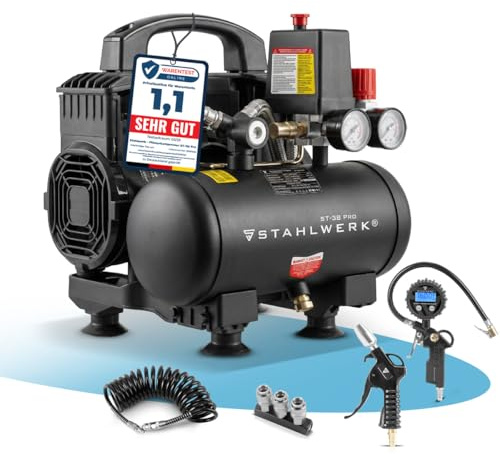 STAHLWERK Kompressor mit 3 L Tank (ST-38 Pro) – mit Zubehör – ölfrei & leise, 8 bar, 1,6 PS, 1,18 kW, 190 l/min, 67 dB, Druckluftkompressor mit Brushless-Motoren, Silent-Kompressor, Flüsterkompressor