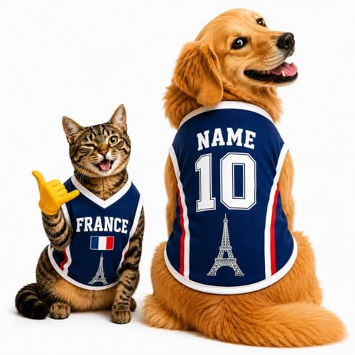 Maillot Coupe du Monde 2026 Personnalisé pour Chiens et Chats, T-Shirt de Football pour Animaux avec Nom et Numéro, 21 Pays, Motif Drapeau, Vêtement Respirant pour Petits Moyens Grands Chiens