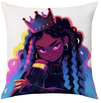 SARA NELL Dekokissenbezüge für schwarze Mädchen, modisches afrikanisches Mädchen mit Krone, schwarze Prinzessin, schwarze Kunst, dekorative Kissenbezüge mit Reißverschluss, 45,7 x 45,7 cm