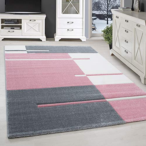 Tapis à Poils Ras, Conception de carrés, Tapis Rose, 160 x 230 cm, Tapis de Style Moderne, Tapis Salon