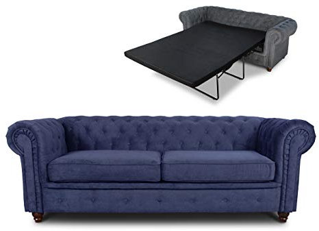 Schlafsofa Chesterfield Asti Bis 3-Sitzer, Sofa mit Schlaffunktion, Couch 3-er, Couchgarnitur, Sofagarnitur, Holzfüße, Polstersofa (Blau (Capri 89))
