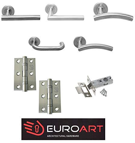 Stainless Steel Door Handle Packs with 3 Latch & 3 Ballbearing Hinge UK Seller (Arched T Bar)