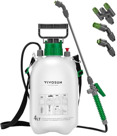 VIVOSUN Pulverizador de Presión 4L, Pulverizador de Bomba con 3 Boquillas de Agua, Diseño de La Ranura del Mango, Válvula de Alivio de Presión, Correa de Transporte, para Césped, Plantas y Limpieza