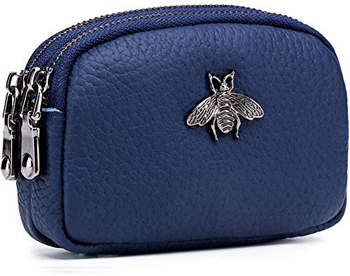 Porte-Monnaie en Cuir véritable pour Femme - Double Zipper Bee Change Pouch Wallet Card Holder Porte-Monnaie Mini Simple Cute Coin Pocket utile pour Les Femmes (Bleu)