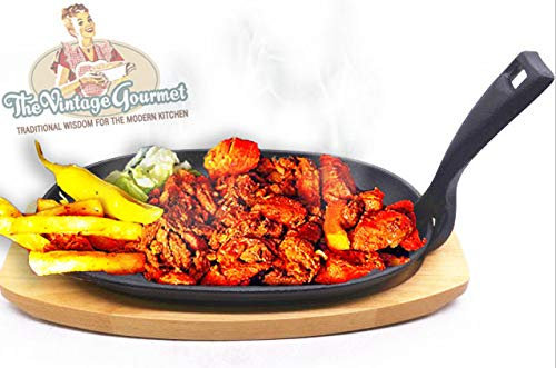 Vintage Gourmet ® Premium Pre-Seasoned Cast Iron Sizzler Serving Dish/Steak Platter with Wooden Stand, Black, 24 cm x 14 cm Create That Authentic Feel, Serve Your Dishes Sizzling at The Table!