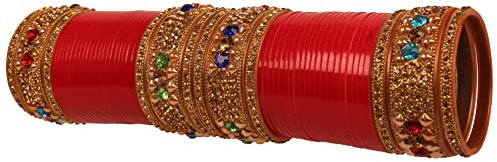Touchstone NEU Indisch-Rot, Gold, Gelb, Blau, Kunstperlen, Hochzeitsgeschmack, der errötende Braut-Vibes neu definiert, Designer-Schmuck, ausgefallener, unvermeidlicher, Suhag Choora für Frauen