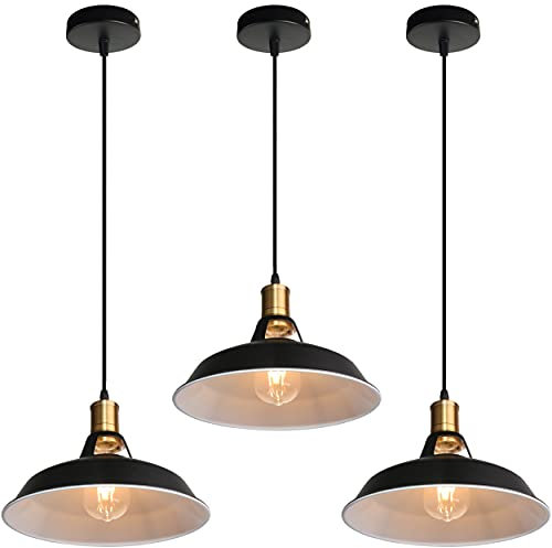 TOKIUS Lámpara Colgante Vintage, Ø27cm Lámpara de Techo Retro de Metal Industrial E27 Lámpara Araña para Comedor Cocina Restaurante, 1m Cable (Blanco + Negro, 3 Piezas)