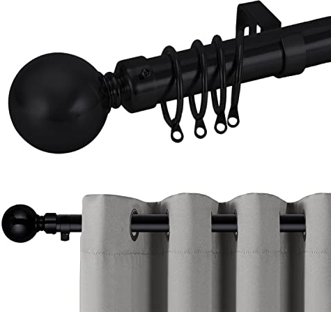 Hafaa Curtain Poles Plain Metal Ball Adjustable Decorative Window Curtain Pole Includes 120 to 210 cm Extendable Curtain Rod, 60mm Size Classic Finials, Rings, Brackets & Fittings Set, Matte Black