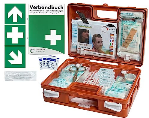 Erste-Hilfe-Koffer BG -Paket 1- für Gewerbe mit aktueller DIN/EN 13157 - Kleiner Betriebsverbandkasten - incl. Verbandbuch & & 7 Notfall-Aufklebern