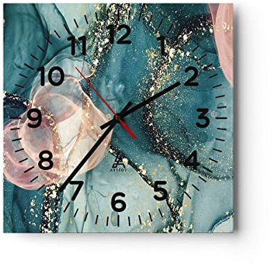 Modern Wanduhr Flüssigkeit Gold Rosa 40x40cm Quadrat Groß Wand Uhr Glas Analog Zimmeruhren Küche Büro Wohnzimmer Glasuhr Wall Clock Dekoration Design Wanddekoration Küchenuhr C4AC40x40-4817