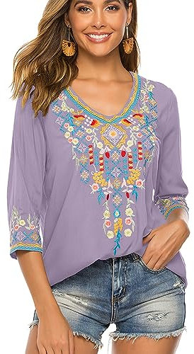 drakloak Camicetta Estiva Femminile Bohemian Ricamo Folklore Top Messico Ricamo Tunica Boho 3/4 Maniche Vintage Top(054 LPP L)