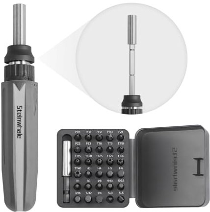 Steinwhale Set di cacciaviti a cricchetto 32 in 1 con asta di estensione a pressione, cricchetto a 48 denti, impugnatura morbida antiscivolo, porta punte magnetico, 30 punte in acciaio S2, eccellente
