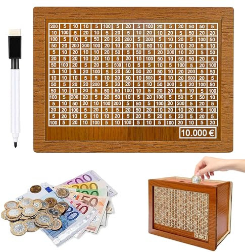 Spardose mit zähler,Sparbox mit Zahlen ankreuzen,Sparen Organizer Geld,Geld sparen Challenge,Spardose aus Holz für Hilft Erwachsene und Kindern Gewohnheit Zum Sparen(10000€)