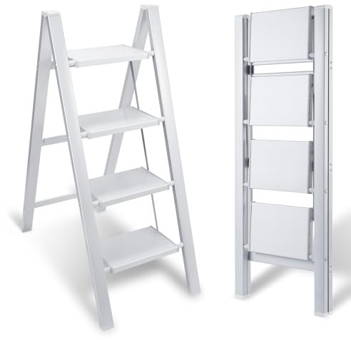 Yakimz Escabeau pliable en aluminium à 4 marches - Marchepied antidérapant - Petit et compact - Charge maximale : 150 kg - Pour la maison, le bureau, l'étagère de rangement portable (blanc)