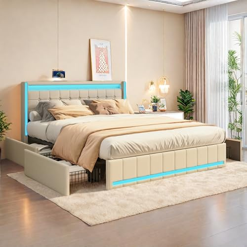 JOROBURO Polsterbett 160x200 cm mit Stauraum, Doppelbett mit 4 Schubladen, Stauraumbett mit LED und USB Ladefunktion, Jugendbett Funktionsbett mit Lattenrost,Leinenstoff, ohne Matratze, Beige