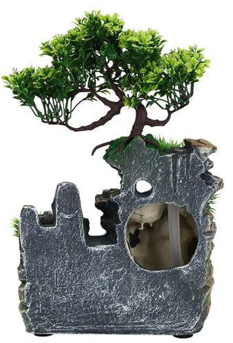 Einzigartiger Zerstäubender Desktop-Brunnen-Wasserfall-Luftbefeuchter, Heimbüro-Dekoration mit Bäumen und Steingärten für Sukkulenten und Goldfische (EU-Stecker 220 V)