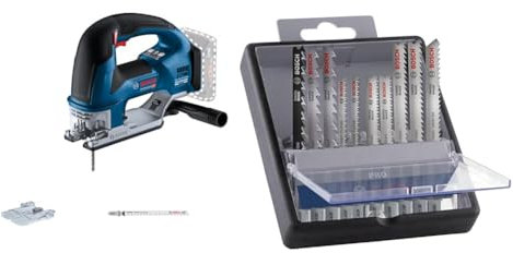 Bosch Professional 18V System Akku Stichsäge GST 18V-155 BC (mit Bügelgriff, ohne Akku/Ladegerät) + 10x PRO Hardwood and Laminate Stichsägeblatt-Set (für Hartholz, Parkett, Länge 83 mm, Zubehör)