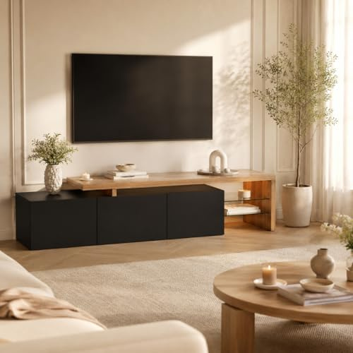 OLIVIBED Mobile TV per TV fino a 85 Pollici, Mobile per Televisore a 2 Scomparti con Ripiani in Vetro, elegante mobile TV Lowboard con 3 ante, mobiletto tv per soggiorno, camera da letto, Nero Lucido