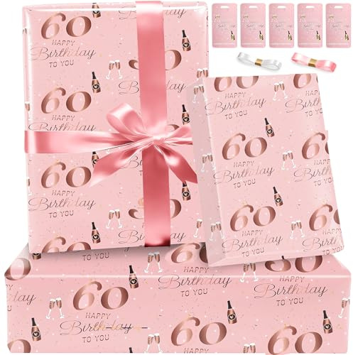 Luxus Geschenkpapier Geburtstag Rose Gold zum 60. Geburtstag für Frauen, Happy Birthday Papier Elegante Geschenkverpackung 60 Jahre Frauen Rosegold Geburtstagspapier Geschenk Papier Set