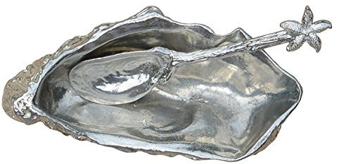 Zinn Auster-Schale Salz-Schüssel, Mit Muschel-Schale Löffel. Hand Gegossen von William Sturt.