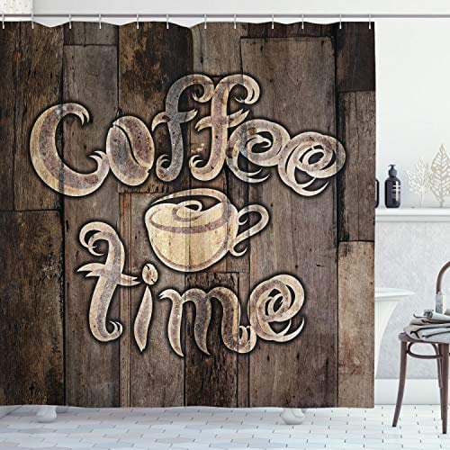 ABAKUHAUS Modern Duschvorhang, Kaffee-Zeit Grunge Zurück, Stoffliches Gewebe Badezimmerdekorationsset mit Haken, 175 x 180 cm, Umber Sahne Kakao