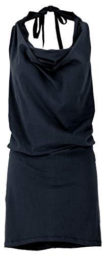 GURU SHOP Wandelbares Psytrance Top, Rückenfreies Festival Bindetop mit Kapuze, Goa Kleid - Schwarz, Damen