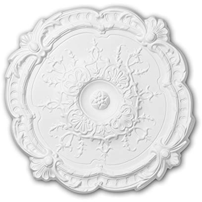 Profhome 156027 Stuckrosette Ø 38,3 cm | Deckenrosette Barock Polyurethan | Weiße Lampenrosette vorgrundiert für Kronleuchter & Deckenleuchten. Stoßfester, robuster Hartschaum für Innen & Außen.