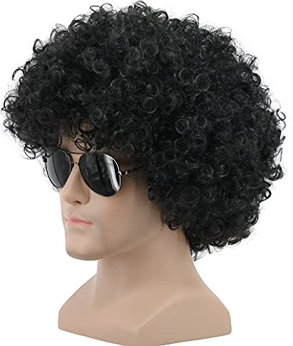 Yuehong Kurze Schwarze Fluffy 70er 80er Jahre Afro Perücke Disco Cosplay Party Haare mit Hitzebeständige Synthetische Fasern für Unisex Männer Frauen (Schwarz)
