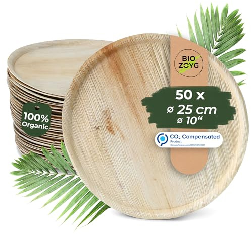 BIOZOYG Palmware - Piatto Pizza usa e getta in foglia di palma I Stoviglie monouso 50 x Tavola da pizza rotonda 25 cm, piatta, con bordo I Foglia di palma Stoviglie monouso biodegradabile