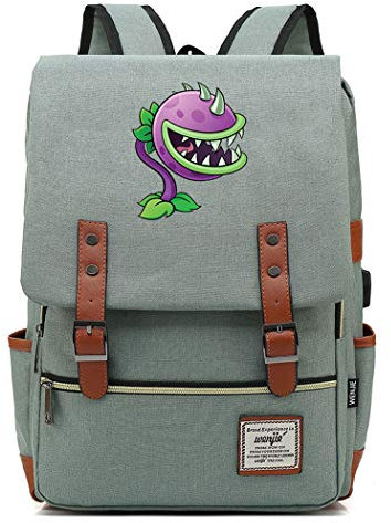 WANHONGYUE Game Plants vs. Zombies Anime Vintage Rucksack College Student Schoolbag 15.6-inch Laptop Backpack with USB Charging Port Green / 1