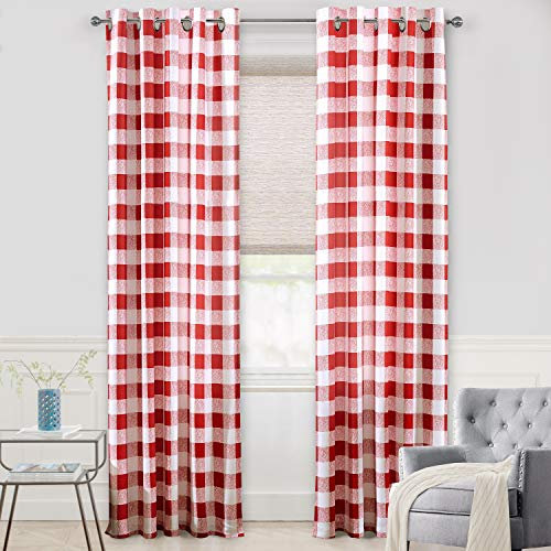DriftAway Buffalo Verdunkelungsvorhänge, kariert, Rot und Weiß, Bauernhaus, doppellagig, wärmeisoliert, kariert, Gingham-Ösen, Vorhänge für Wohnzimmer und Schlafzimmer, je 132 x 120 cm (B x L), Rot