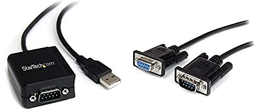 StarTech.com USB to Serial Adapter - 1 port - USB Powered - Black & 2m Black Straight Through DB9 RS232 Serial Cable - DB9 RS232 Serial Extension Cable - Male to Female Cable (MXT1002MBK)