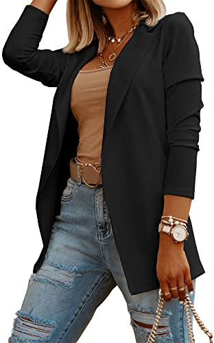Womens Casual Long Sleeve Blazers Solid Color Knit Blazer Work Office Open Front Blazer Jacket Black