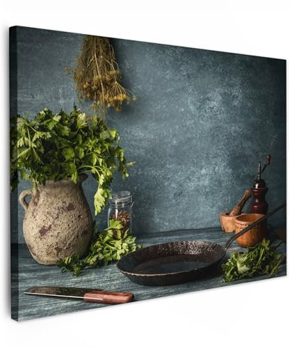 MuchoWow Leinwand Bilder, Einzigartige Wanddeko mit Rahmen, Kräuter - Gewürze - Pfanne - Messer - Grau - Rustikal, Wandbilder Wohnzimmer, Deko Schlafzimmer 40x30 cm