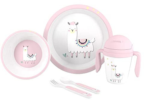 Juego de Vajilla Bebe Interbaby | Set Vajilla Infantil 5 Piezas Plato Llano, Bo, Cuchara, Tenedor y Vaso Antigoteo Aprendizaje | Apta para Microondas y Lavavajillas, Mayores de 6 Meses