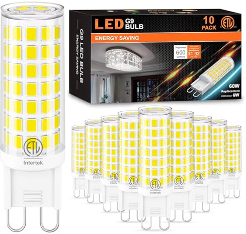 10 Pack G9 LED Bulb 6W (60W Halogen Replacement) 6000K Daylight T4 Chandelier Light Bulbs, Hansnag G9 Bi Pin Ceramic Base 600LM, AC120V 360°Beam Angle for Home Lighting, Non-Dimmable