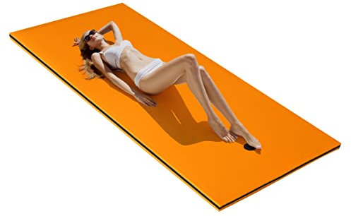 GYMAX Schwimmende Wassermatte 220 x 90 cm Wasser Hängematte aus XPE-Schaum Aufrollbare Schwimmmatte mit Kopfkissen Design bis 100 kg Belastbar für Schwimmbecken Strand See (Orange + Schwarz)