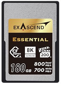 Exascend Essential 180GB CFexpress Type A Memory Card 700MB/s Write 800MB/s Read VPG200 Offering 8K Ultra HD Video CF Card Cinema Quality Compatible Memory for Sony Alpha & FX Cameras