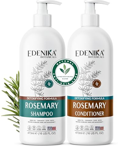 Edenika Botanicals Rosemary Oil Shampoo & Conditioner Set with Biotin for Thinning Hair & Anti-Hair Loss, Strengthening Botanical Formula, Women & Men, Sulfate-Free, Organic, 16 fl oz Each