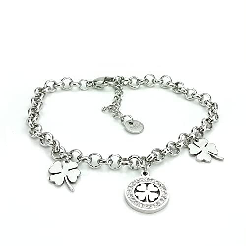 SAGA GIOIELLI® Bracciale Donna Stella Cuore Quadrifoglio Albero Della Vita Portafortuna Acciaio (QUADRIFOGLIO)