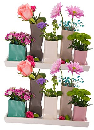 Jinfa 2er Set Keramikvasen – Bunte Mini-Vasen je 5 Stück (29,5×11×15,5 cm) – Handgefertigte Tisch- & Wohnzimmerdeko – Skandinavisches Design für Blumen, Zweige & Geschenkideen