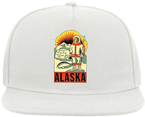 Alaska Inuit State Vintage Retro Stil Reise Poster Snapback Flaches Visier Baumwollmischung Kappe Weiß, weiß, Einheitsgröße