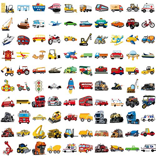 100 Stück Transport Aufkleber Kinder Aufkleber Fahrzeuge Kofferraum Auto Aufkleber Wasserdichte Aufkleber für Kind DIY Dekoration Jungen und Mädchen einschließlich Zug Flugzeug Hubschrauber Kra