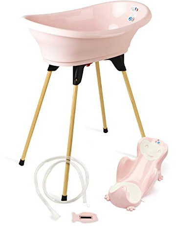 THERMOBABY - Babybadewanne Vasco 5-in-1 – Badewanne, Fuß aus Holz, Ablaufschlauch, Badetuch, Thermometer – Puderrosa – faltbar & stabil – hergestellt in Frankreich